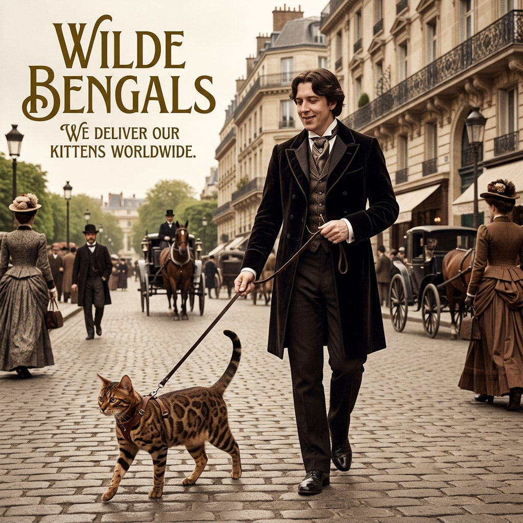 Oscar Wilde-inspired gentleman walking a Bengal cat through a Parisian street, Wilde Bengals branding artwork