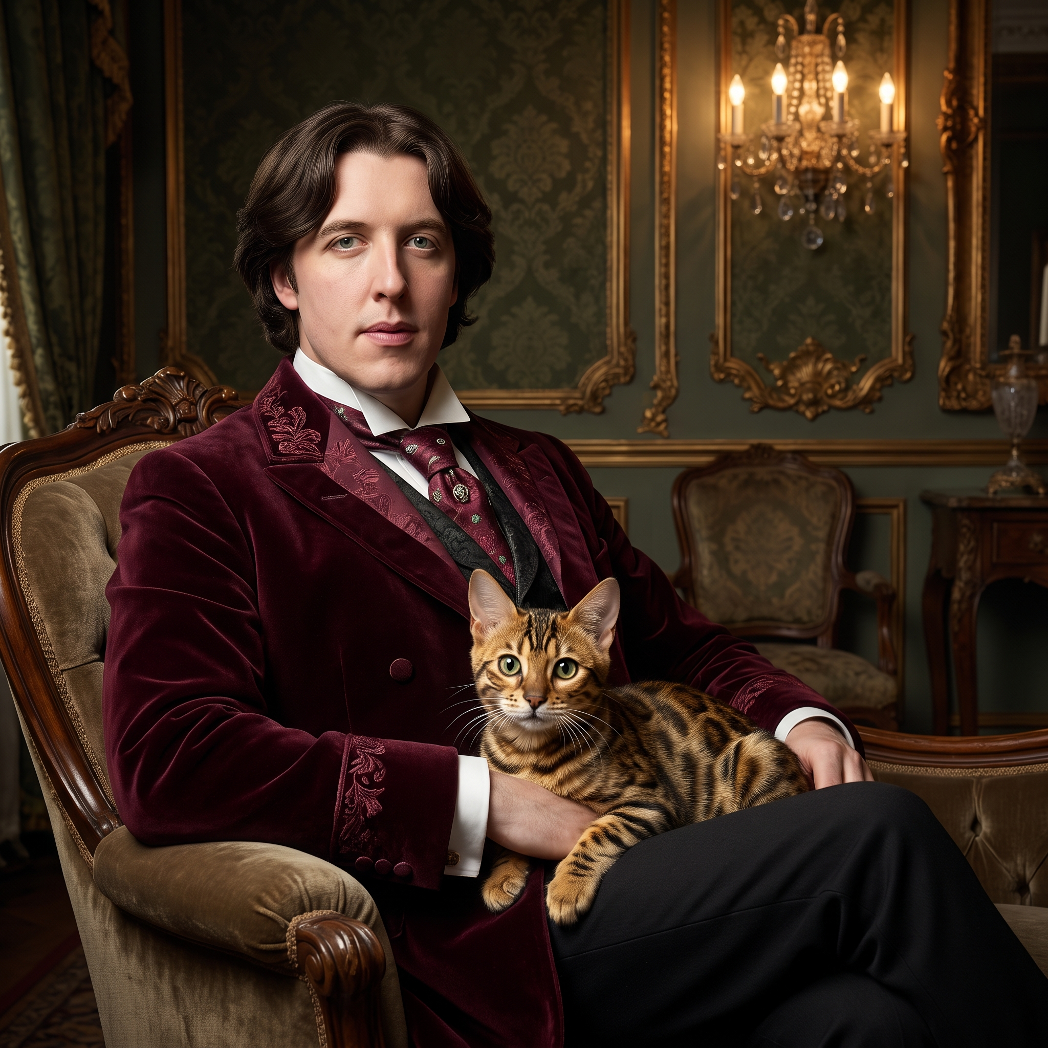 Oscar Barnaby seated in a Victorian parlor with a Bengal kitten on his lap, Wilde Bengals journal artwork